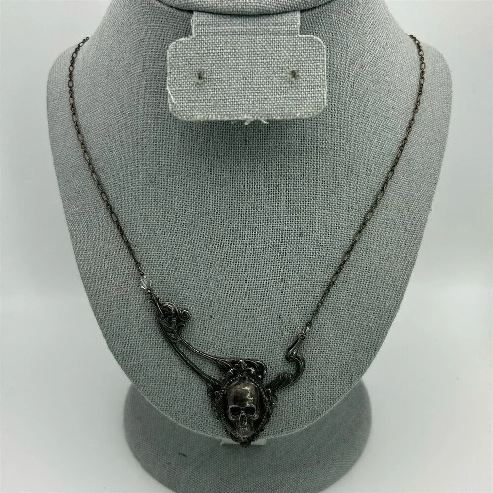 Gothic Skull Pendant Necklace Dark Romantic Victorian Style Statement 19 inches - Picture 4 of 11